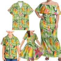 Aloha Hawaii Palaka Print Mango Plumeria Family Matching Off Shoulder Maxi Dress and Hawaiian Shirt Cool Mint