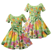 Aloha Hawaii Palaka Print Mango Plumeria Family Matching Short Sleeve Bodycon Dress and Hawaiian Shirt Cool Mint