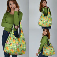 Aloha Hawaii Palaka Print Mango Plumeria Grocery Bag Cool Mint