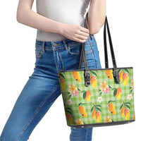 Aloha Hawaii Palaka Print Mango Plumeria Leather Tote Bag Cool Mint