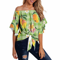 Aloha Hawaii Palaka Print Mango Plumeria Off Shoulder Wrap Waist Top Cool Mint LT7 - Polynesian Pride