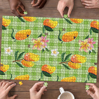Aloha Hawaii Palaka Print Mango Plumeria Puzzle Cool Mint