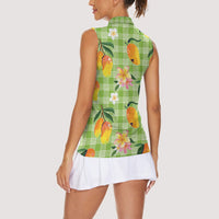 Aloha Hawaii Palaka Print Mango Plumeria Women Sleeveless Polo Shirt Cool Mint