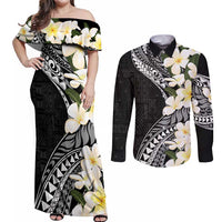Aloha Hawaii Festive Couples Matching Off Shoulder Maxi Dress and Long Sleeve Button Shirt Frangipani Lace Classic LT7 Black - Polynesian Pride