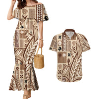 Samoa Tapa Couples Matching Mermaid Dress and Hawaiian Shirt Siapo Mix Tatau Patterns LT7 Beige - Polynesian Pride