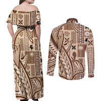 Samoa Tapa Couples Matching Off Shoulder Maxi Dress and Long Sleeve Button Shirt Siapo Mix Tatau Patterns LT7 - Polynesian Pride