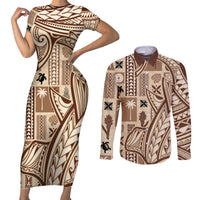 Samoa Tapa Couples Matching Short Sleeve Bodycon Dress and Long Sleeve Button Shirt Siapo Mix Tatau Patterns LT7 Beige - Polynesian Pride