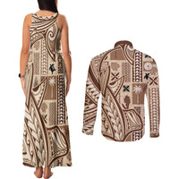 Samoa Tapa Couples Matching Tank Maxi Dress and Long Sleeve Button Shirt Siapo Mix Tatau Patterns LT7 - Polynesian Pride