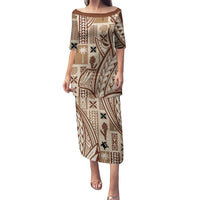 Samoa Tapa Puletasi Siapo Mix Tatau Patterns LT7 Long Dress Beige - Polynesian Pride