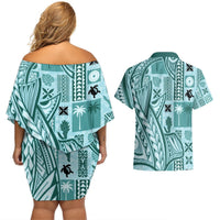 Samoa Tapa Couples Matching Off Shoulder Short Dress and Hawaiian Shirt Siapo Mix Tatau Patterns - Teal LT7 - Polynesian Pride