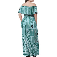 Samoa Tapa Family Matching Off Shoulder Maxi Dress and Hawaiian Shirt Siapo Mix Tatau Patterns - Teal LT7 - Polynesian Pride