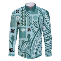 Samoa Tapa Family Matching Summer Maxi Dress and Hawaiian Shirt Siapo Mix Tatau Patterns - Teal LT7 Dad's Shirt - Long Sleeve Teal - Polynesian Pride