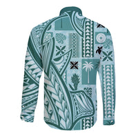Samoa Tapa Long Sleeve Button Shirt Siapo Mix Tatau Patterns - Teal LT7 - Polynesian Pride