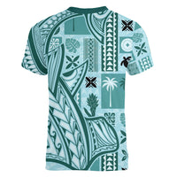 Samoa Tapa Women V Neck T Shirt Siapo Mix Tatau Patterns - Teal LT7 - Polynesian Pride