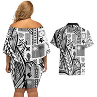 Samoa Tapa Couples Matching Off Shoulder Short Dress and Hawaiian Shirt Siapo Mix Tatau Patterns - White LT7 - Polynesian Pride