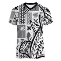 Samoa Tapa Women V Neck T Shirt Siapo Mix Tatau Patterns - White LT7 Female White - Polynesian Pride