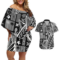 Samoa Tapa Couples Matching Off Shoulder Short Dress and Hawaiian Shirt Siapo Mix Tatau Patterns - Black LT7 Black - Polynesian Pride