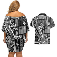 Samoa Tapa Couples Matching Off Shoulder Short Dress and Hawaiian Shirt Siapo Mix Tatau Patterns - Black LT7 - Polynesian Pride