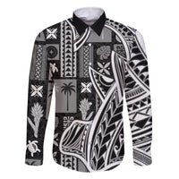 Samoa Tapa Family Matching Off Shoulder Short Dress and Hawaiian Shirt Siapo Mix Tatau Patterns - Black LT7 Dad's Shirt - Long Sleeve Black - Polynesian Pride