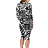 Samoa Tapa Long Sleeve Bodycon Dress Siapo Mix Tatau Patterns - Black LT7 - Polynesian Pride