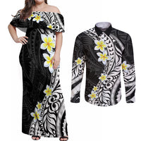 Hawaii Aloha Couples Matching Off Shoulder Maxi Dress and Long Sleeve Button Shirt Plumeria Vintage - Black LT7 Black - Polynesian Pride