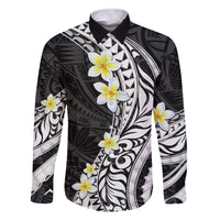 Hawaii Aloha Family Matching Off Shoulder Short Dress and Hawaiian Shirt Plumeria Vintage - Black LT7 Dad's Shirt - Long Sleeve Black - Polynesian Pride