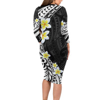 Hawaii Aloha Long Sleeve Bodycon Dress Plumeria Vintage - Black LT7
