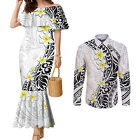 Hawaii Aloha Couples Matching Mermaid Dress and Long Sleeve Button Shirt Plumeria Vintage - White LT7 White - Polynesian Pride
