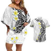 Hawaii Aloha Couples Matching Off Shoulder Short Dress and Hawaiian Shirt Plumeria Vintage - White LT7 White - Polynesian Pride