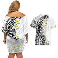 Hawaii Aloha Couples Matching Off Shoulder Short Dress and Hawaiian Shirt Plumeria Vintage - White LT7 - Polynesian Pride