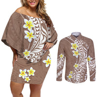 Hawaii Aloha Couples Matching Off Shoulder Short Dress and Long Sleeve Button Shirt Plumeria Vintage - Brown LT7 Brown - Polynesian Pride