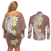 Hawaii Aloha Couples Matching Off Shoulder Short Dress and Long Sleeve Button Shirt Plumeria Vintage - Brown LT7 - Polynesian Pride