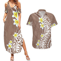Hawaii Aloha Couples Matching Summer Maxi Dress and Hawaiian Shirt Plumeria Vintage - Brown LT7 Brown - Polynesian Pride