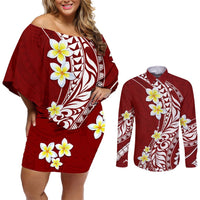 Hawaii Aloha Couples Matching Off Shoulder Short Dress and Long Sleeve Button Shirt Plumeria Vintage - Crimson LT7 Crimson - Polynesian Pride