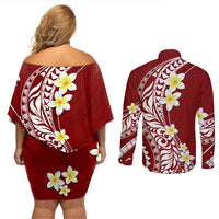 Hawaii Aloha Couples Matching Off Shoulder Short Dress and Long Sleeve Button Shirt Plumeria Vintage - Crimson LT7 - Polynesian Pride