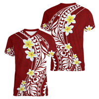Hawaii Aloha Women V Neck T Shirt Plumeria Vintage - Crimson LT7 - Polynesian Pride