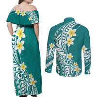 Hawaii Aloha Couples Matching Off Shoulder Maxi Dress and Long Sleeve Button Shirt Plumeria Vintage - Teal LT7 - Polynesian Pride