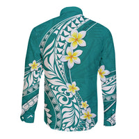 Hawaii Aloha Long Sleeve Button Shirt Plumeria Vintage - Teal LT7 - Polynesian Pride