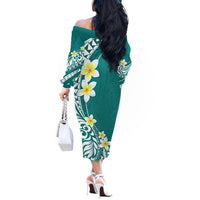 Hawaii Aloha Off The Shoulder Long Sleeve Dress Plumeria Vintage - Teal LT7 - Polynesian Pride