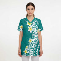 Hawaii Aloha Scrub Top Plumeria Vintage - Teal - Polynesian Pride