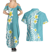 Hawaii Aloha Couples Matching Summer Maxi Dress and Hawaiian Shirt Plumeria Vintage - Turquoise LT7 - Polynesian Pride