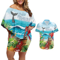 Aloha Honolulu Festival Couples Matching Off Shoulder Short Dress and Hawaiian Shirt Ukulele By The Shore
