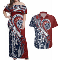 Polynesia Beach Volleyball Personalized Couples Matching Off Shoulder Maxi Dress and Hawaiian Shirt Special LT7 Red Blue - Polynesian Pride