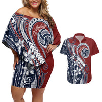 Polynesia Beach Volleyball Personalized Couples Matching Off Shoulder Short Dress and Hawaiian Shirt Special LT7 Red Blue - Polynesian Pride
