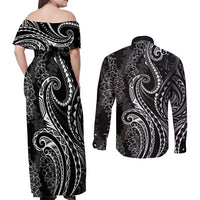 Polynesia Plumeria Lei Couples Matching Off Shoulder Maxi Dress and Long Sleeve Button Shirt Black Curves Motif LT7 - Polynesian Pride