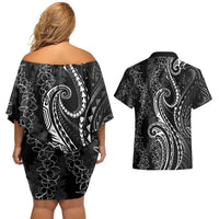 Polynesia Plumeria Lei Couples Matching Off Shoulder Short Dress and Hawaiian Shirt Black Curves Motif LT7 - Polynesian Pride