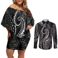 Polynesia Plumeria Lei Couples Matching Off Shoulder Short Dress and Long Sleeve Button Shirt Black Curves Motif LT7 Black - Polynesian Pride