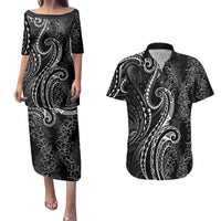 Polynesia Plumeria Lei Couples Matching Puletasi and Hawaiian Shirt Black Curves Motif LT7 Black - Polynesian Pride