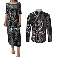Polynesia Plumeria Lei Couples Matching Puletasi and Long Sleeve Button Shirt Black Curves Motif LT7 Black - Polynesian Pride
