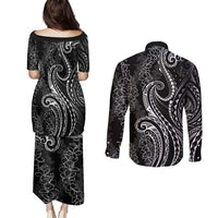Polynesia Plumeria Lei Couples Matching Puletasi and Long Sleeve Button Shirt Black Curves Motif LT7 - Polynesian Pride